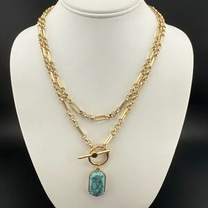 Bella Uno Gold Tone Chain Necklace Faux Turquoise Pendant Toggle‎ Clasp